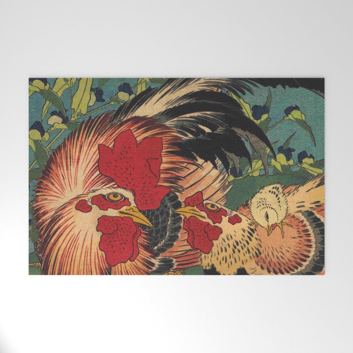 Hokusai, Rooster,Hen and Chicken with Spiderwort Mat by oldking