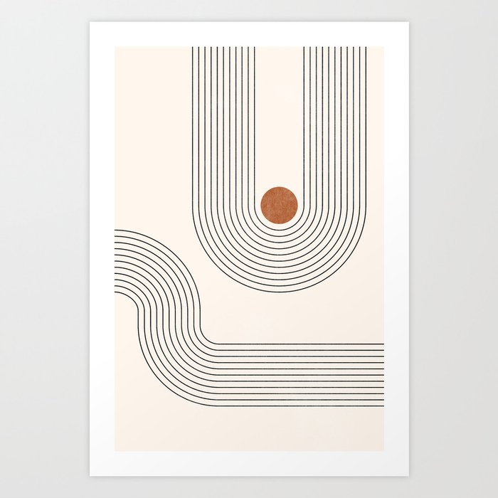 Boho Geometric Arch Lines – Rainbow Lines, Mustard / Burnt Orange Circles, Abstract Geometric Lines Art Print
