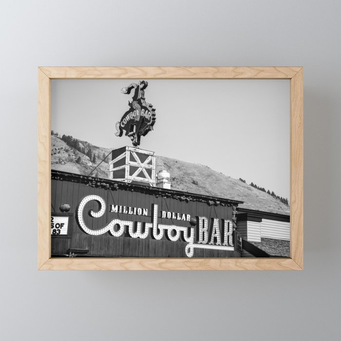 Iconic Western Cowboy Bar On The Jackson Hole Square - Black And White Framed Mini Art Print