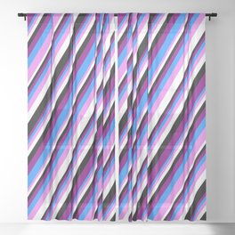 [ Thumbnail: Purple, Blue, Violet, White & Black Colored Stripes Pattern Sheer Curtain ]