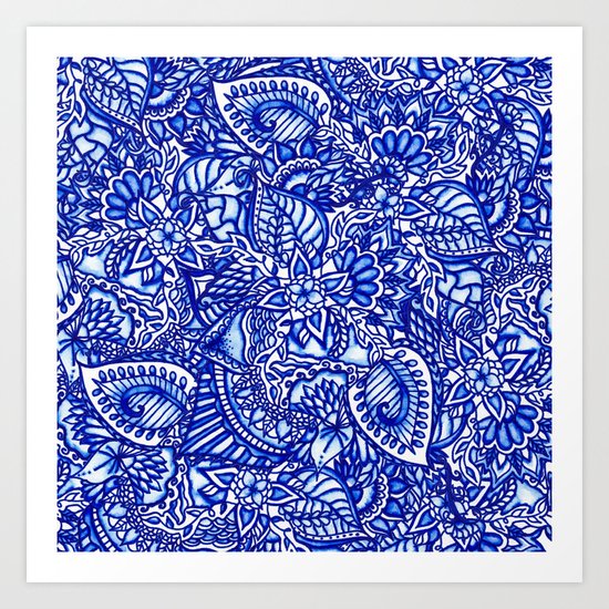 Modern blue handdrawn watercolor floral mandala Art Print