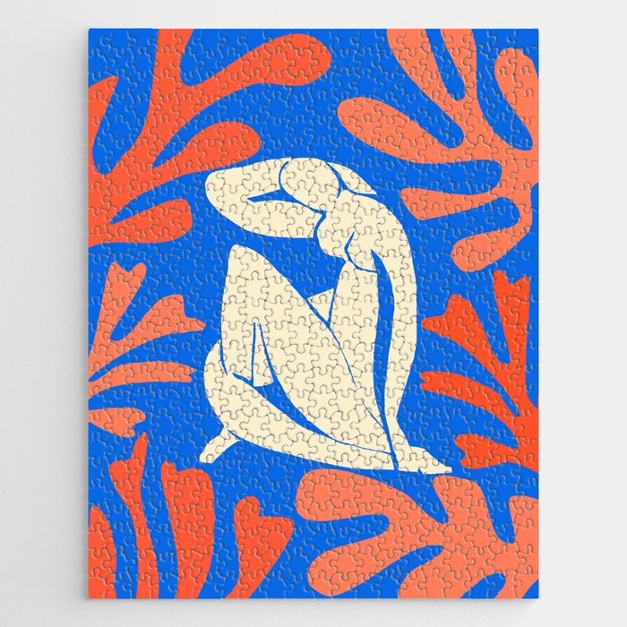 Bathing Nude with Coral and Blue Seagrass Matisse Inspired Abstract Painting Jigsaw Puzzle