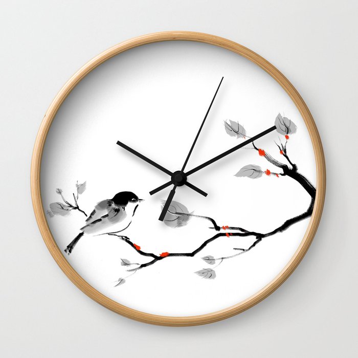 Bird on tree black and white painting Wall Clock
