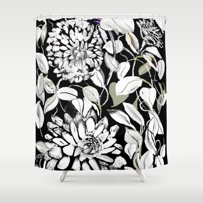 Black and White Dahlias in Motion Shower Curtain