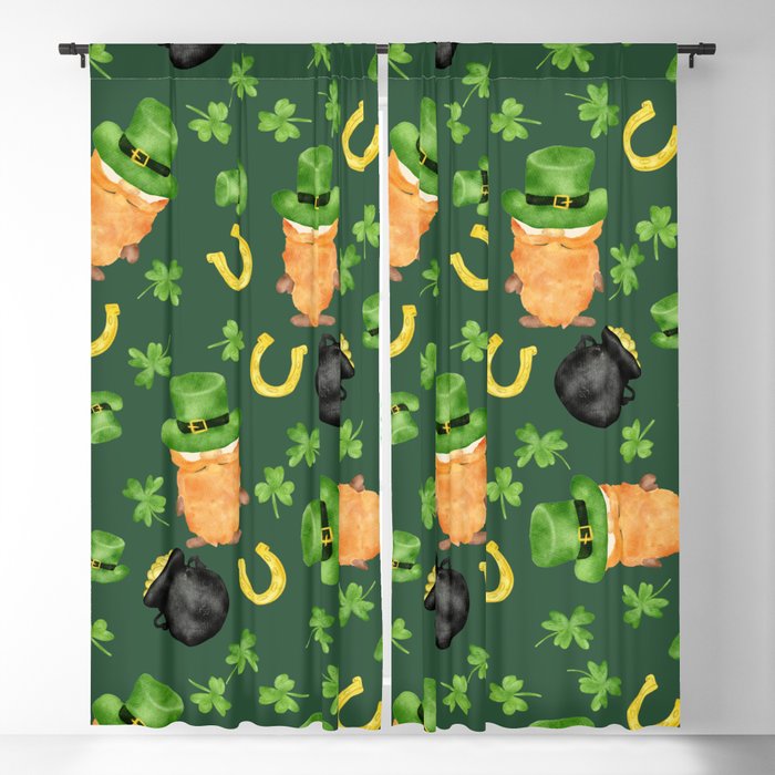 St Patrick gnome clover luck watercolor pattern Blackout Curtain