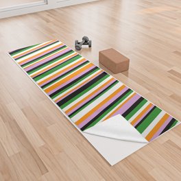[ Thumbnail: Eye-catching Forest Green, Black, Plum, Dark Orange, and White Colored Striped Pattern Yoga Towel ]