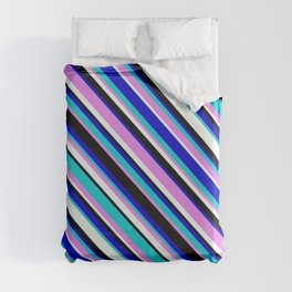 [ Thumbnail: Eyecatching Blue, Dark Turquoise, Violet, Mint Cream, and Black Colored Stripes Pattern Duvet Cover ]