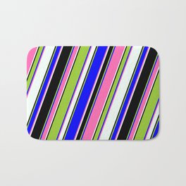 [ Thumbnail: Eye-catching Green, Blue, Hot Pink, Mint Cream & Black Colored Pattern of Stripes Bath Mat ]