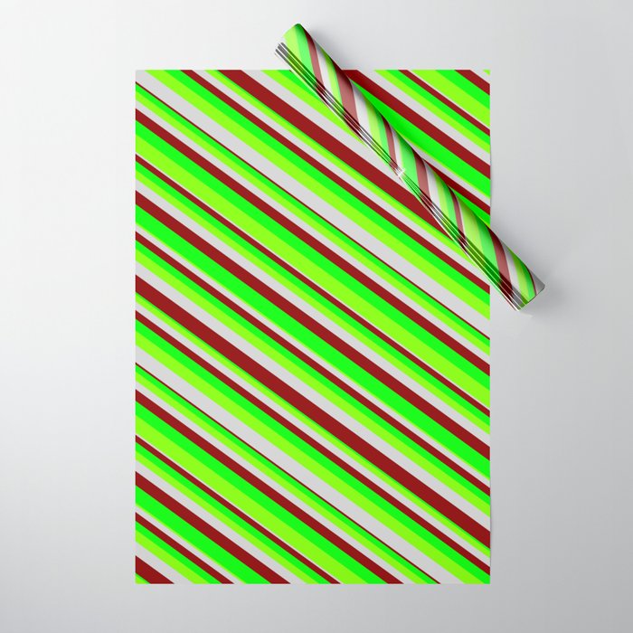 Lime, Chartreuse, Light Grey & Dark Red Colored Stripes/Lines Pattern Wrapping Paper