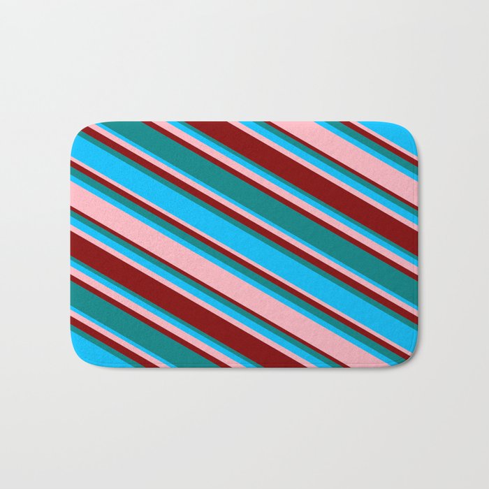 Teal, Deep Sky Blue, Light Pink, and Maroon Colored Striped Pattern Bath Mat