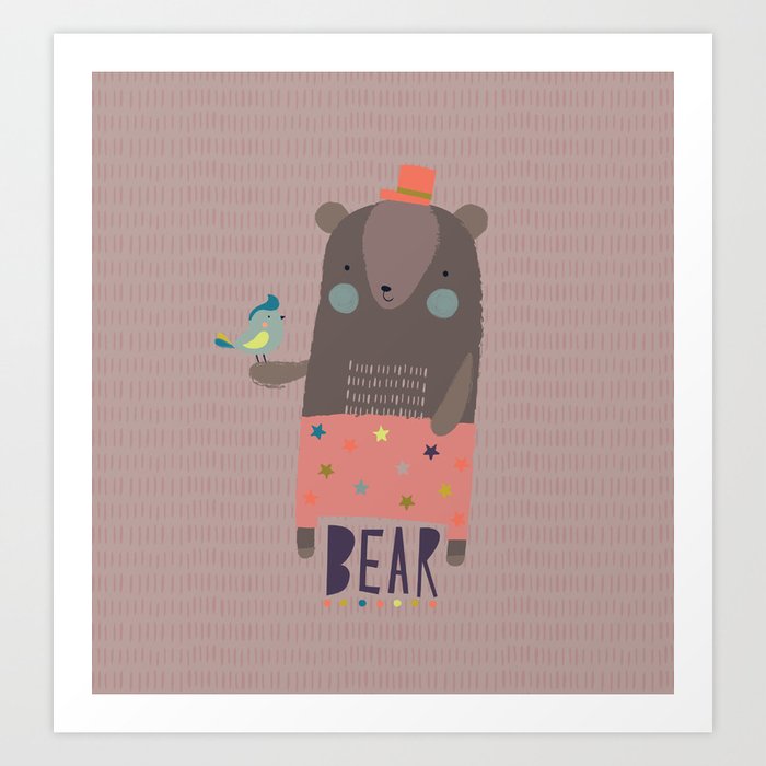 Big Bear and Bluebird Pink Art Print