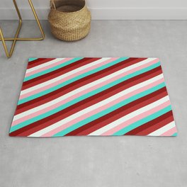 [ Thumbnail: Light Pink, Turquoise, Maroon, Red, and Mint Cream Colored Lined/Striped Pattern Rug ]