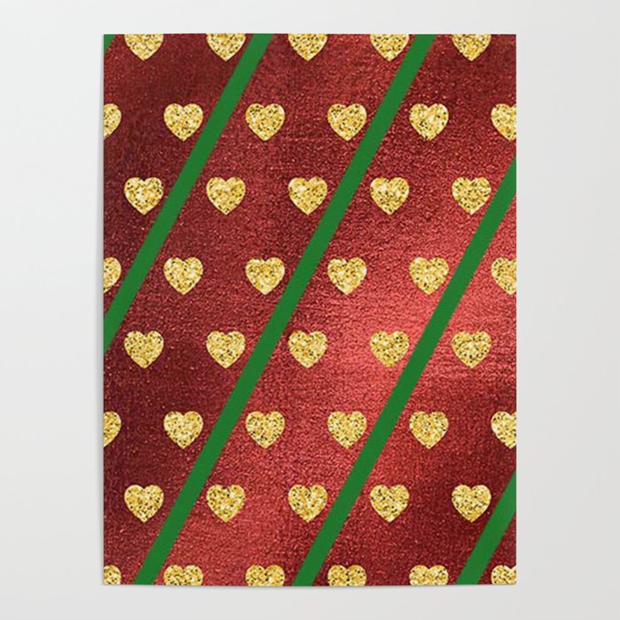 Gold Hearts on a Red Shiny Background with Green Diagonal Lines  Poster