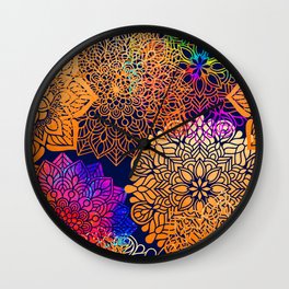 Bohemian 1960’s Mandala Pattern of Neon Rainbows Wall Clock
