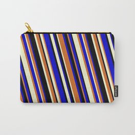 [ Thumbnail: Chocolate, Light Yellow, Black & Blue Colored Lines/Stripes Pattern Carry-All Pouch ]