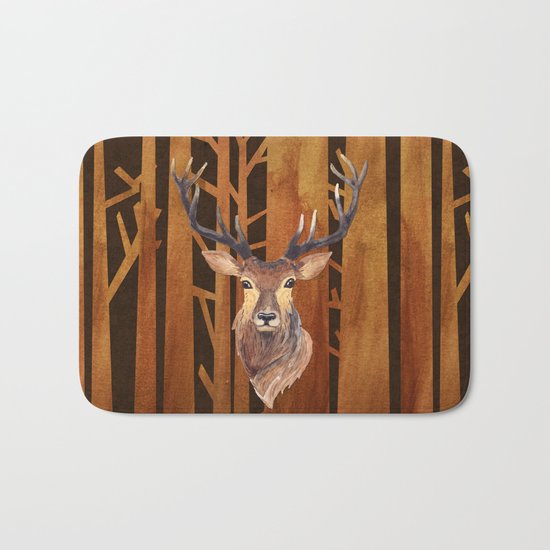 Proud deer in forest 1- Watercolor illustration Bath Mat