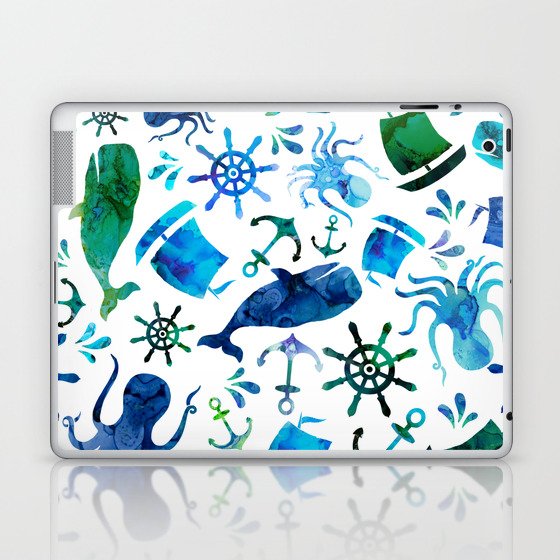 Watercolor Blue Nautical Octopus Whale Laptop & iPad Skin