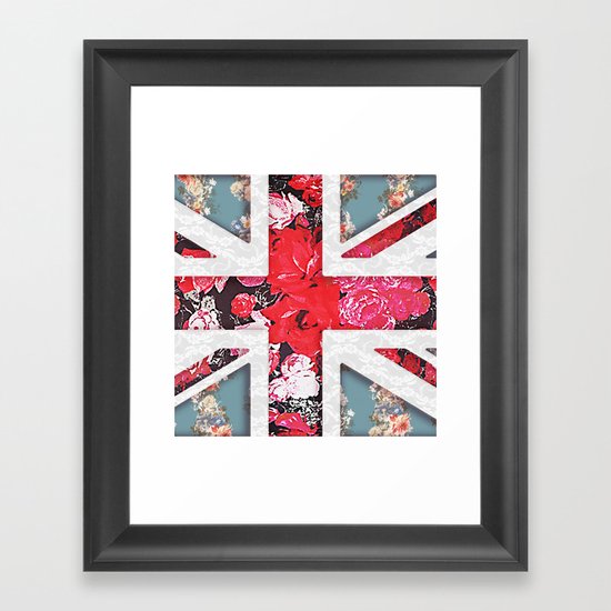 God save the Queen | Elegant girly red floral & lace Union Jack Framed Art Print