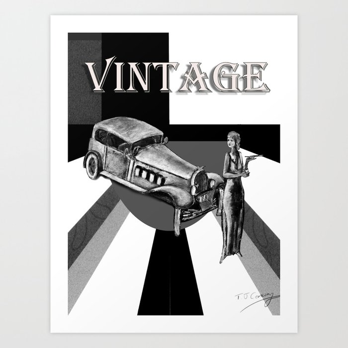 Vintage car and young woman, in black and white   Art Print