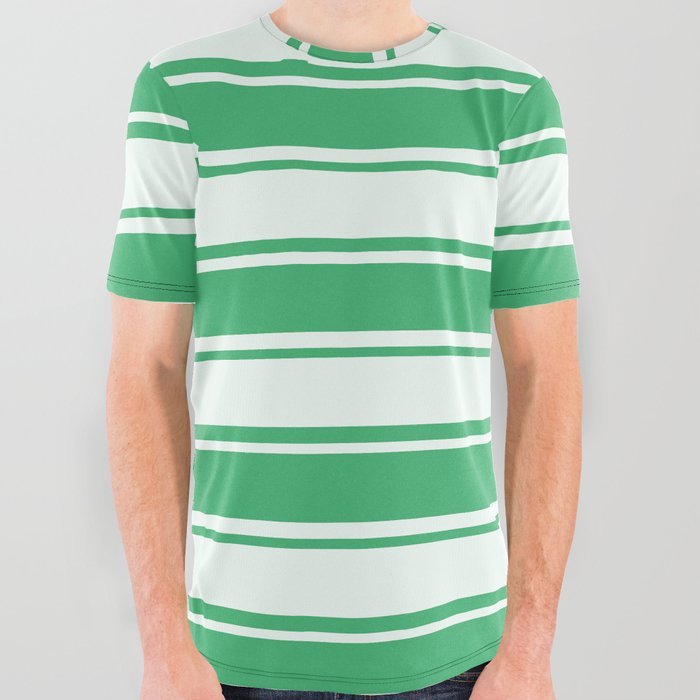 Sea Green and Mint Cream Colored Pattern of Stripes All Over Graphic Tee