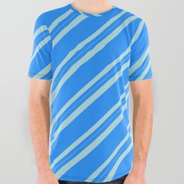[ Thumbnail: Blue & Powder Blue Colored Lined/Striped Pattern All Over Graphic Tee ]