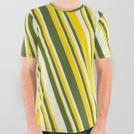 [ Thumbnail: Yellow, Dark Olive Green & Beige Colored Striped Pattern All Over Graphic Tee ]