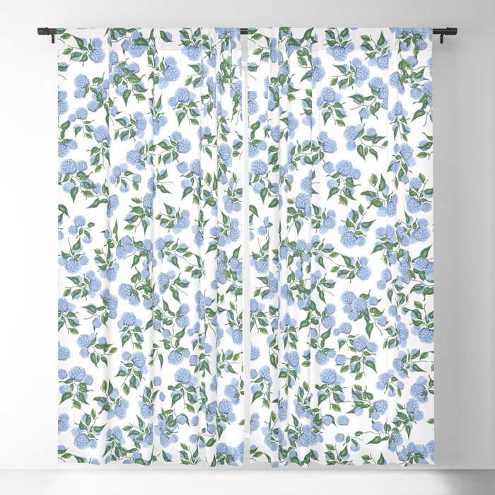 Hydrangea blue flowers, botanicals, blue and white floral Blackout Curtain