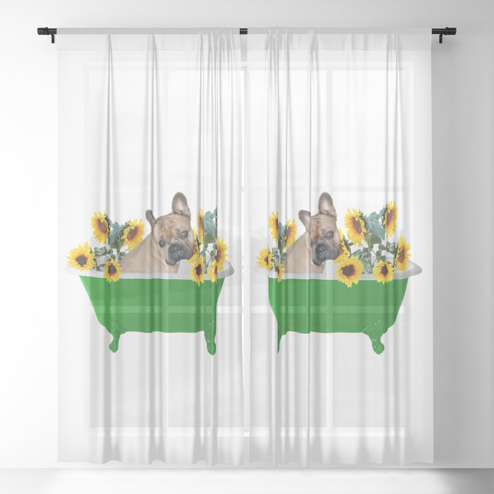 Bulldog - Green Bathtub with Sunflowers Sheer Curtain