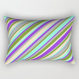 [ Thumbnail: Green, Bisque, Aquamarine, Purple & Dark Gray Colored Stripes Pattern Rectangular Pillow ]