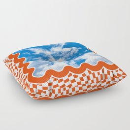 The Blue Sky In Red Wavy Frame On Red Warped Checkerboard Floor Pillow