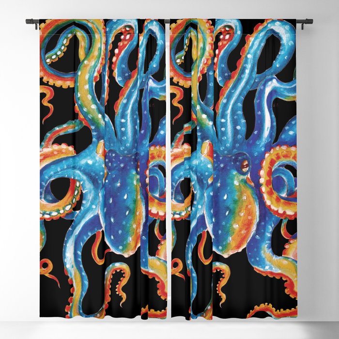 Octopus Colorful Tentacles On Black Blackout Curtain