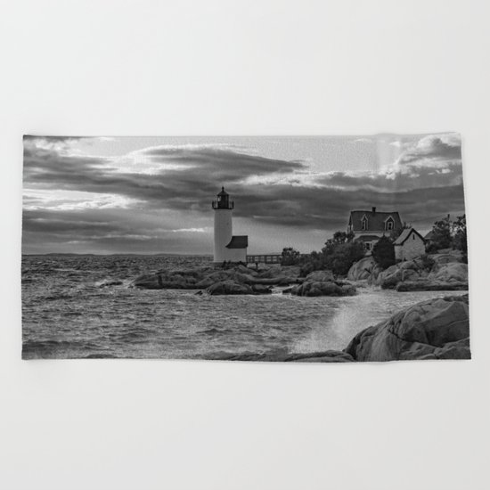 Annisquam Lighthouse Black and white Beach Towel