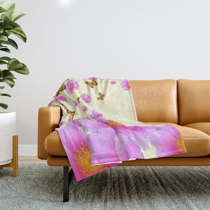 PINK-PURPLE ROSES & MONARCH BUTTERFLIES ABSTRACT ART Throw Blanket