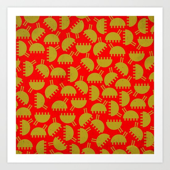 Happy green bugs on red. Art Print