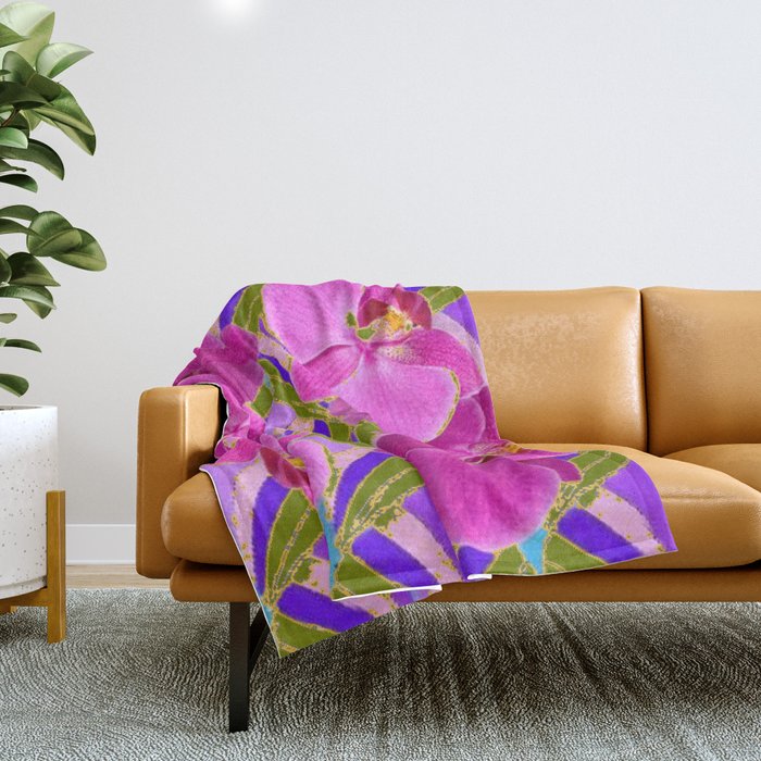 Pink & Fuchsia Purple Art Deco Orchids Art Throw Blanket