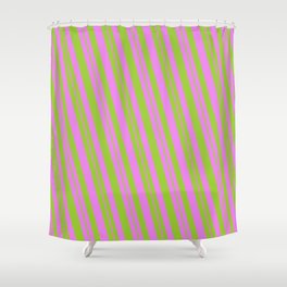 [ Thumbnail: Violet and Green Colored Striped Pattern Shower Curtain ]