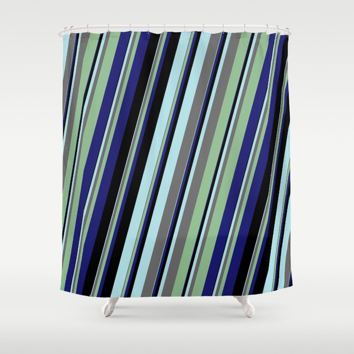 Powder Blue, Dim Gray, Dark Sea Green, Midnight Blue, and Black Colored Lines/Stripes Pattern Shower Curtain