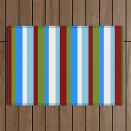 [ Thumbnail: Vibrant Green, Maroon, Sky Blue, White & Blue Colored Stripes Pattern Outdoor Rug ]