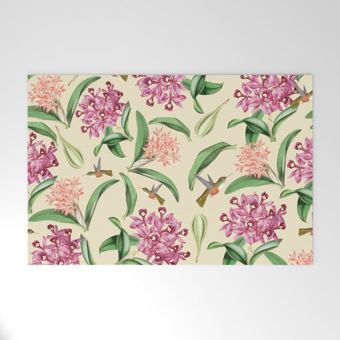 Cream Orchids Botanical Pattern Welcome Mat