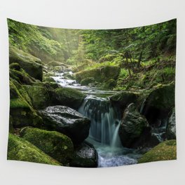 Flowing Creek, Green Mossy Rocks, Forest Nature Photography Wall Tapestry