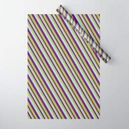 [ Thumbnail: Light Blue, Purple & Green Colored Pattern of Stripes Wrapping Paper ]