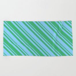 [ Thumbnail: Light Sky Blue & Sea Green Colored Striped/Lined Pattern Beach Towel ]