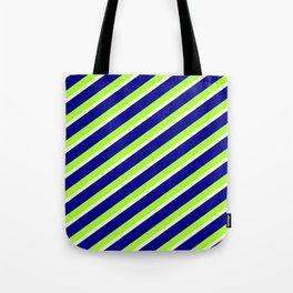 [ Thumbnail: Dark Blue, Light Green, and Beige Colored Striped Pattern Tote Bag ]