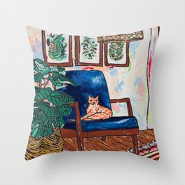 Ginger Cat on Blue Mid Century Chair Painting Throw Pillow