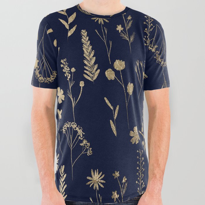 Hand drawn gold cute dried pressed flowers illustration navy blue All Over Graphic Tee
