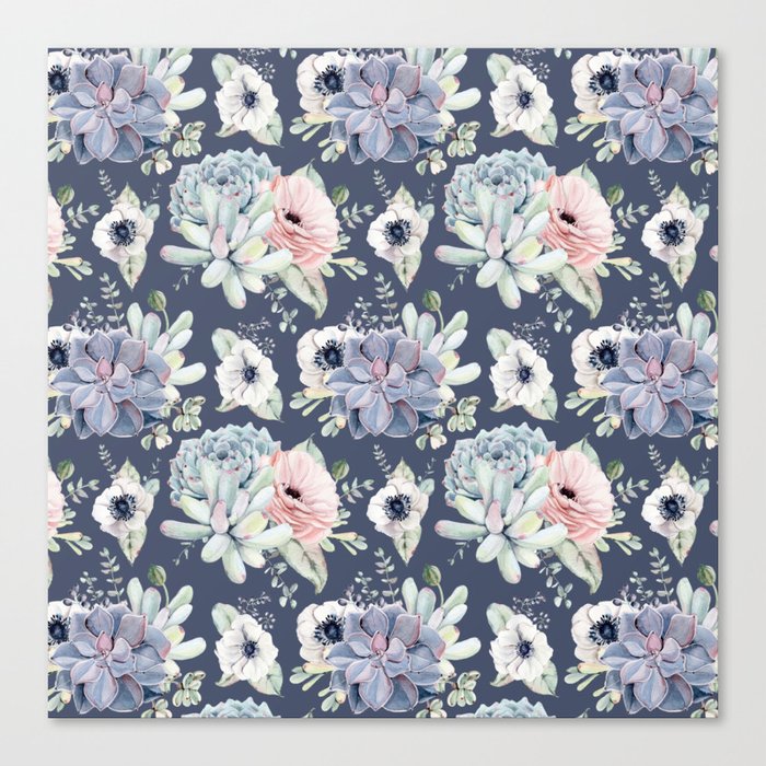 Beautiful Succulent Garden Navy Blue + Pink Canvas Print