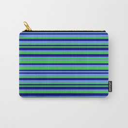 [ Thumbnail: Cornflower Blue, Lime Green, and Blue Colored Striped/Lined Pattern Carry-All Pouch ]