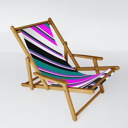 [ Thumbnail: Teal, Fuchsia, White, and Black Colored Lined/Striped Pattern Sling Chair ]