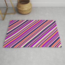 [ Thumbnail: Coral, Dark Violet, Pale Goldenrod, and Midnight Blue Colored Lined/Striped Pattern Rug ]