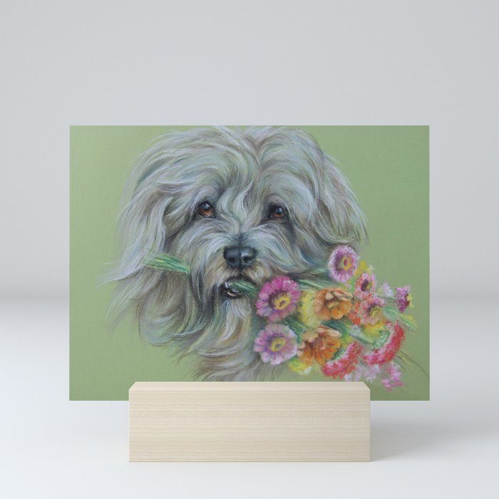 Sheperd dog with flowers Pastel drawing Mini Art Print